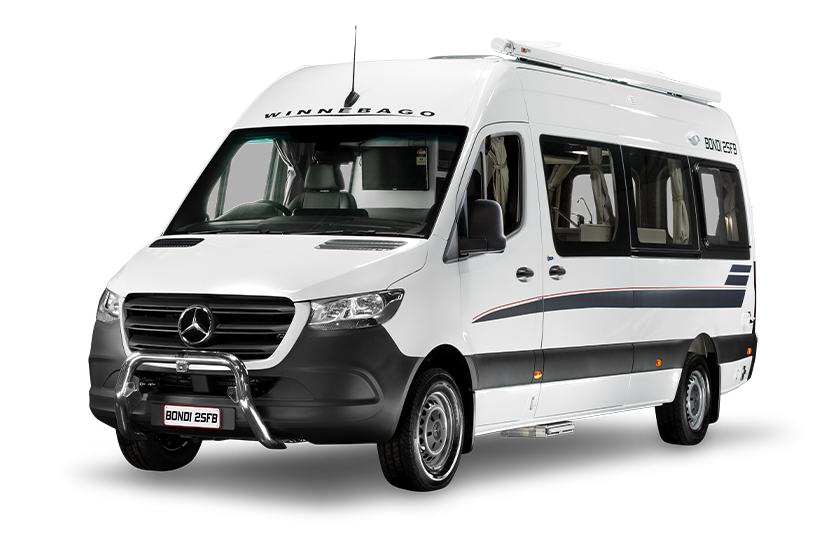 Cutout image of a Winnebago Bondi 2SFB campervan, showcasing its exterior design and features.