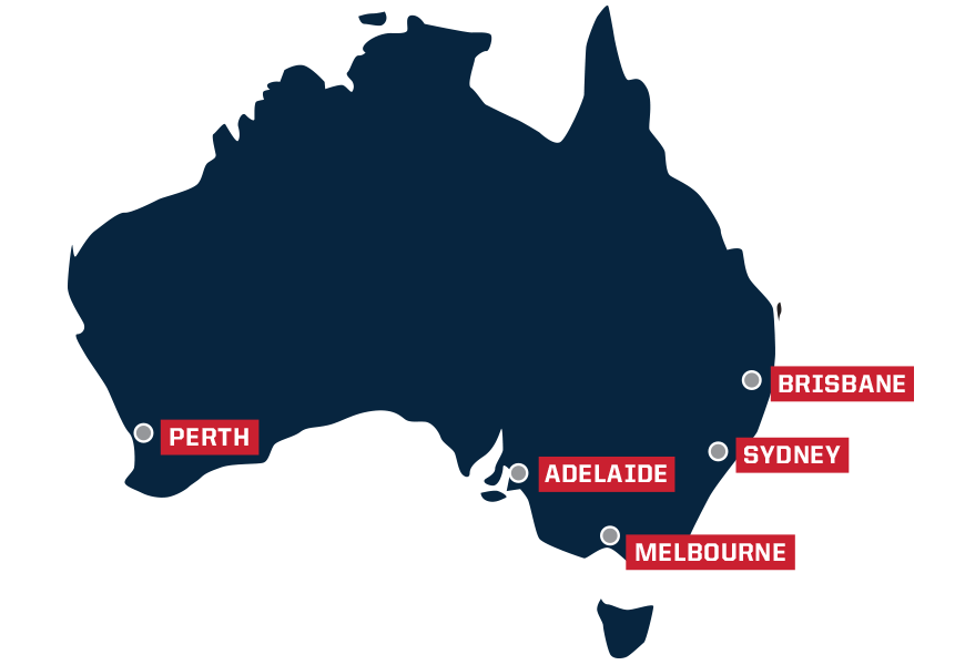 Nationwide support network map of Australia, including service centres and dealerships.