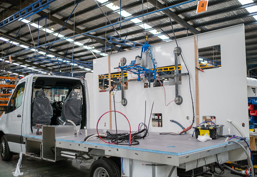 A Winnebago Mercedes chassis frame being worked on and assembled in the Winnebago workshop a the Apollo motorhomes manufacturing warehouse in Brisbane, Australia.