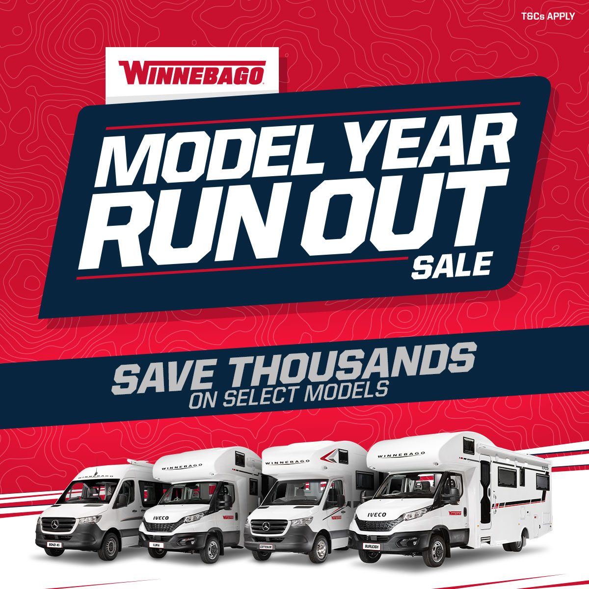 Model Year Run Out Sale Promo Tile Featuring Various RVs From Our Brands Save On Selected Stock T&Cs Apply