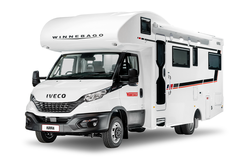 Cutout image of a Winnebago Kirra motorhome, showcasing its exterior design and features.