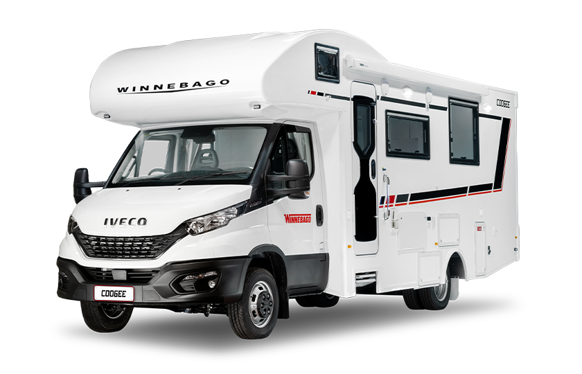 Cutout image of a Winnebago Coogee motorhome, showcasing its exterior design and features.